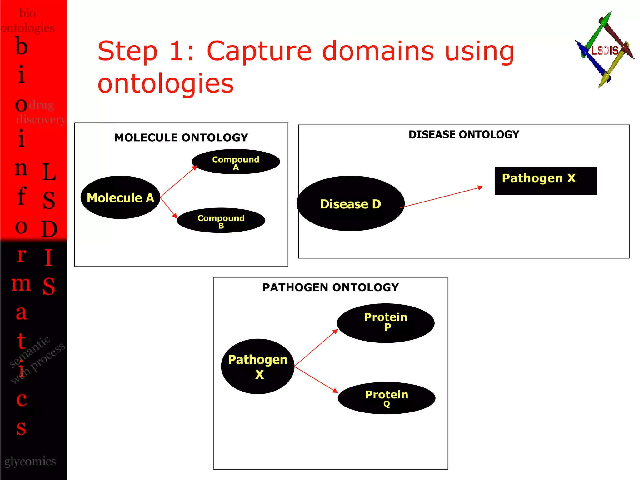 Step 1: Capture domains using ontologies Pathogen X MOLECULE ONTOLOGY Molecule A Compound  A Compound B DISEASE ONTOLOGY Disease D PATHOGEN ONTOLOGY Pathogen X Protein P Protein Q 