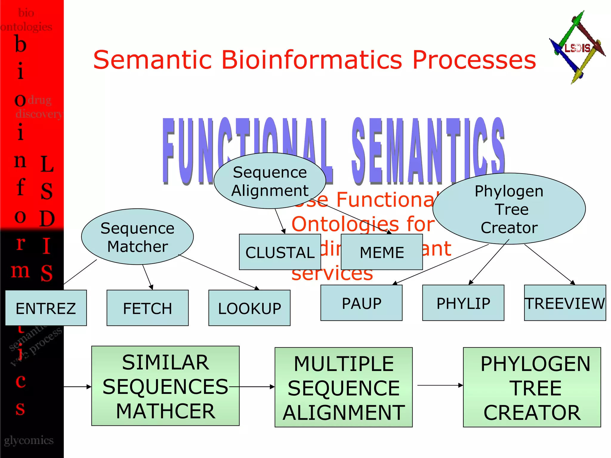 Semantic Bioinformatics Processes SIMILAR SEQUENCES MATHCER GO id MULTIPLE SEQUENCE ALIGNMENT PHYLOGEN  TREE CREATOR FUNCTIONAL  SEMANTICS Use Functional Ontologies for finding relevant services Sequence Matcher ENTREZ FETCH LOOKUP Sequence Alignment CLUSTAL MEME Phylogen  Tree Creator PAUP PHYLIP TREEVIEW 