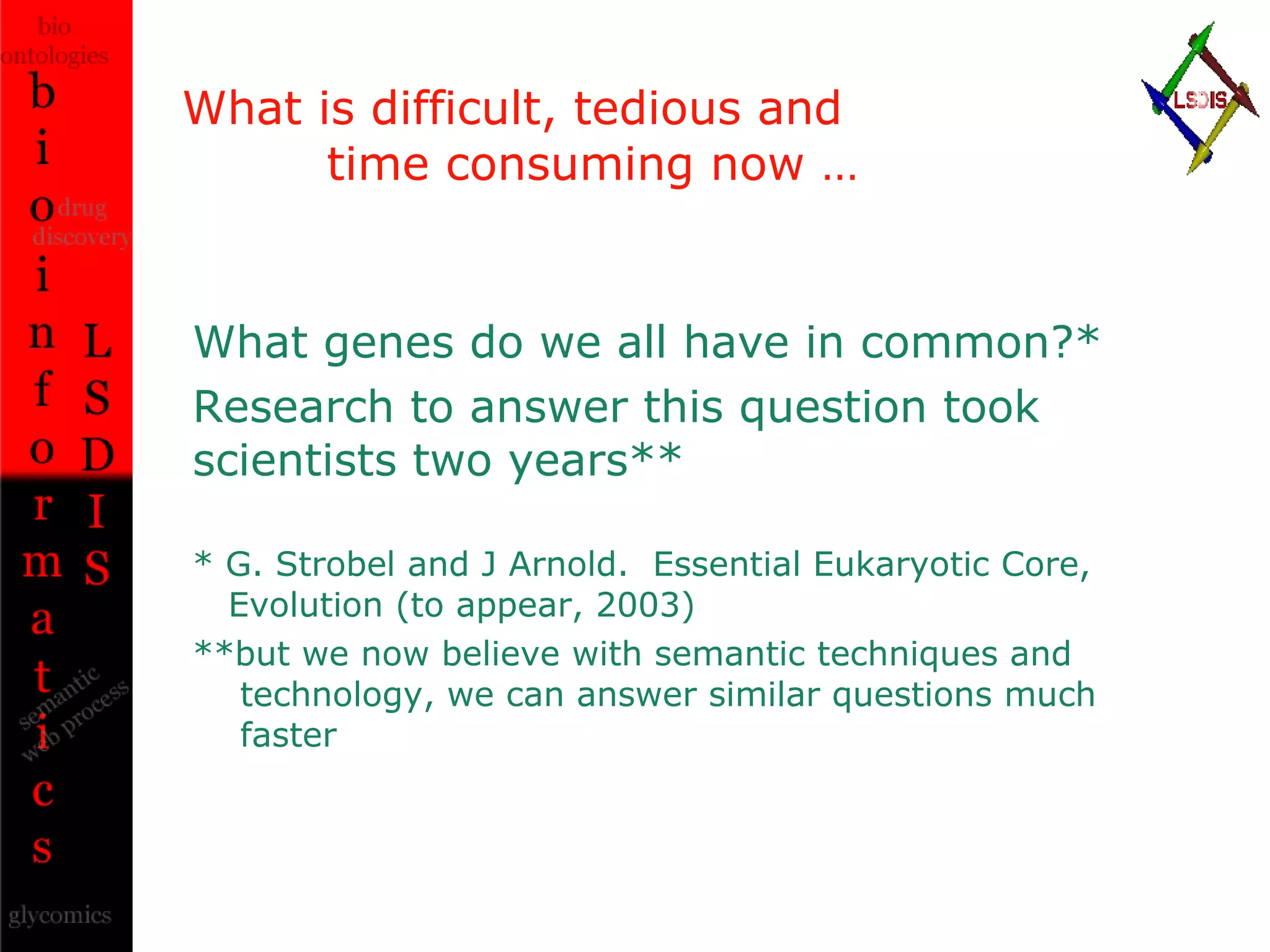 What is difficult, tedious and    time consuming now … What genes do we all have in common?*  Research to answer this question took scientists two years** * G. Strobel and J Arnold.  Essential Eukaryotic Core,    Evolution (to appear, 2003) **but we now believe with semantic techniques and    technology, we can answer similar questions much    faster 