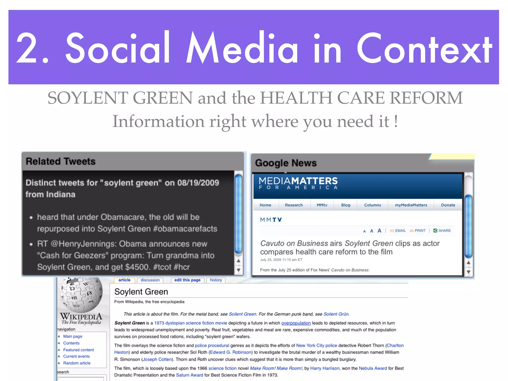 Find resources related to
                                        Find resources related to
                                            social perceptions

   2. Social Media in Context
                                           social perceptions




          SOYLENT GREEN and the HEALTH CARE REFORMand News and
                                                        News
                                                        Wikipedia articles
                Information right where you need it ! Wikipedia articles
                                                      toto put extracted
                                                         put extracted
                                                        descriptors in
                                                      descriptors in
                                                                       context
                                                                     context




ws and
kipedia articles
put extracted
scriptors in
ntext


                                                                                 Cull
                                                                                 well
                                                                                 blog




!Exploit spatio, temporal semantics for thematic aggregation
  Exploit spatio, temporal semantics for thematic aggregation
 