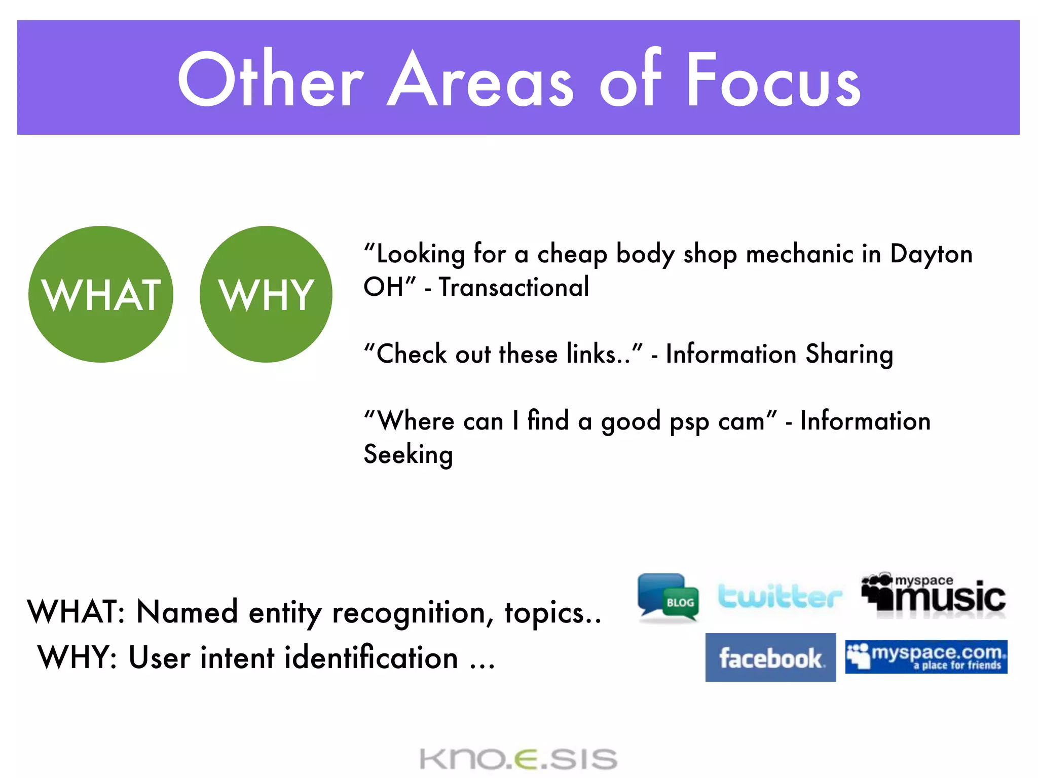 Other Areas of Focus

                       “Looking for a cheap body shop mechanic in Dayton
WHAT         WHY       OH” - Transactional

                       “Check out these links..” - Information Sharing

                       “Where can I ﬁnd a good psp cam” - Information
                       Seeking




WHAT: Named entity recognition, topics..
WHY: User intent identiﬁcation ...
 
