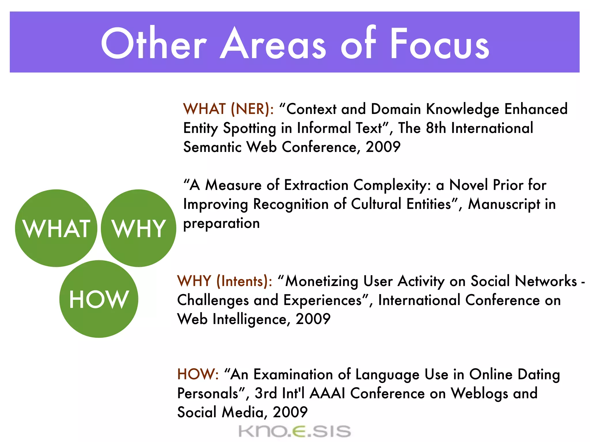 Other Areas of Focus
           WHAT (NER): “Context and Domain Knowledge Enhanced
           Entity Spotting in Informal Text”, The 8th International
           Semantic Web Conference, 2009

           “A Measure of Extraction Complexity: a Novel Prior for
           Improving Recognition of Cultural Entities”, Manuscript in
           preparation
WHAT WHY

           WHY (Intents): “Monetizing User Activity on Social Networks -
  HOW      Challenges and Experiences”, International Conference on
           Web Intelligence, 2009


           HOW: “An Examination of Language Use in Online Dating
           Personals”, 3rd Int'l AAAI Conference on Weblogs and
           Social Media, 2009
 