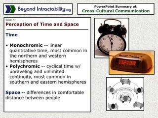 Slide 5:
Perception of Time and Space
Time
• Monochromic -- linear
quantitative time, most common in
the northern and western
hemispheres
• Polychromic -- cyclical time w/
unraveling and unlimited
continuity, most common in
southern and eastern hemispheres
Space -- differences in comfortable
distance between people
PowerPoint Summary of:
Cross-Cultural Communication
 