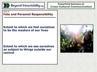 Slide 6:
Fate and Personal Responsibility
Extent to which we feel ourselves
to be the masters of our lives
Extent to which we see ourselves
as subject to things outside our
control
PowerPoint Summary of:
Cross-Cultural Communication
 