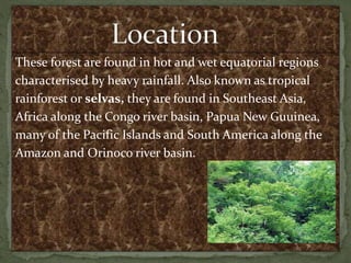 These forest are found in hot and wet equatorial regions
characterised by heavy rainfall. Also known as tropical
rainforest or selvas, they are found in Southeast Asia,
Africa along the Congo river basin, Papua New Guuinea,
many of the Pacific Islands and South America along the
Amazon and Orinoco river basin.
 