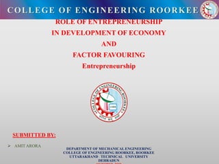 ROLE OF ENTREPRENEURSHIP
IN DEVELOPMENT OF ECONOMY
AND
FACTOR FAVOURING
Entrepreneurship
A
Syno
DEPARTMENT OF MECHANICAL ENGINEERING
COLLEGE OF ENGINEERING ROORKEE, ROORKEE
UTTARAKHAND TECHNICAL UNIVERSITY
DEHRADUN
COLLEGE OF ENGINEERING ROORKEE
SUBMITTED BY:
 AMIT ARORA
 