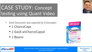 How	to	Transform	Video	into	Quan3ta3ve,	Scalable,	Predic3ve	Metrics	
Amit	Dhand,	NAILBITER	
The Future of
Video
	
	
CASE	STUDY:	Concept	
tes3ng	using	Quant	Video	
•  Each	Consumer	was	exposed	to	3	Concepts:	
§ 1	CharcoCaps	
§ 1	GasX	anCharcoCapsd		
§ 1	Beano	
 