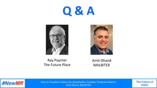 How	to	Transform	Video	into	Quan3ta3ve,	Scalable,	Predic3ve	Metrics	
Amit	Dhand,	NAILBITER	
The Future of
Video
	
	
Q	&	A	
Ray	Poynter	
The	Future	Place	
Amit	Dhand	
NAILBITER	
 