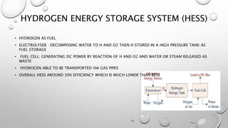 HYDROGEN ENERGY STORAGE SYSTEM (HESS)
• HYDROGEN AS FUEL
• ELECTROLYSER : DECOMPOSING WATER TO H AND O2 THEN H STORED IN A...
