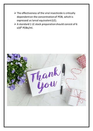  The effectiveness of the viral insecticide is critically
dependenton the concentrationof POB, which is
expressed as larval equivalent(LE).
 A standard 1 LE stock preparationshould consist of 6
x10⁹ POBs/ml.
 