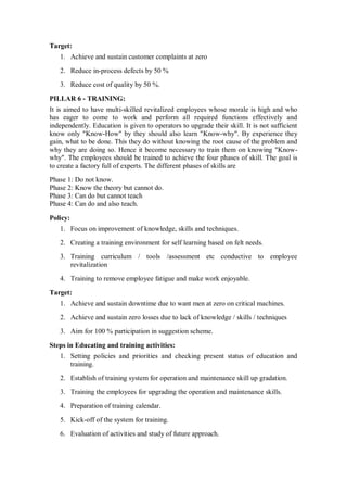 Target:
1. Achieve and sustain customer complaints at zero
2. Reduce in-process defects by 50 %
3. Reduce cost of quality by 50 %.
PILLAR 6 - TRAINING:
It is aimed to have multi-skilled revitalized employees whose morale is high and who
has eager to come to work and perform all required functions effectively and
independently. Education is given to operators to upgrade their skill. It is not sufficient
know only "Know-How" by they should also learn "Know-why". By experience they
gain, what to be done. This they do without knowing the root cause of the problem and
why they are doing so. Hence it become necessary to train them on knowing "Know-
why". The employees should be trained to achieve the four phases of skill. The goal is
to create a factory full of experts. The different phases of skills are
Phase 1: Do not know.
Phase 2: Know the theory but cannot do.
Phase 3: Can do but cannot teach
Phase 4: Can do and also teach.
Policy:
1. Focus on improvement of knowledge, skills and techniques.
2. Creating a training environment for self learning based on felt needs.
3. Training curriculum / tools /assessment etc conductive to employee
revitalization
4. Training to remove employee fatigue and make work enjoyable.
Target:
1. Achieve and sustain downtime due to want men at zero on critical machines.
2. Achieve and sustain zero losses due to lack of knowledge / skills / techniques
3. Aim for 100 % participation in suggestion scheme.
Steps in Educating and training activities:
1. Setting policies and priorities and checking present status of education and
training.
2. Establish of training system for operation and maintenance skill up gradation.
3. Training the employees for upgrading the operation and maintenance skills.
4. Preparation of training calendar.
5. Kick-off of the system for training.
6. Evaluation of activities and study of future approach.
 