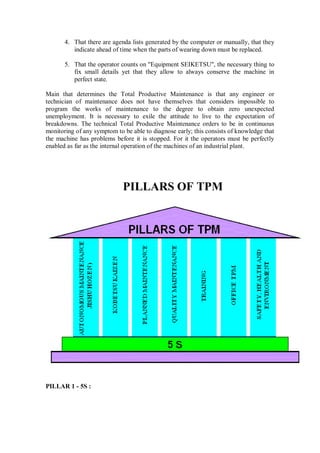 4. That there are agenda lists generated by the computer or manually, that they
indicate ahead of time when the parts of wearing down must be replaced.
5. That the operator counts on "Equipment SEIKETSU", the necessary thing to
fix small details yet that they allow to always conserve the machine in
perfect state.
Main that determines the Total Productive Maintenance is that any engineer or
technician of maintenance does not have themselves that considers impossible to
program the works of maintenance to the degree to obtain zero unexpected
unemployment. It is necessary to exile the attitude to live to the expectation of
breakdowns. The technical Total Productive Maintenance orders to be in continuous
monitoring of any symptom to be able to diagnose early; this consists of knowledge that
the machine has problems before it is stopped. For it the operators must be perfectly
enabled as far as the internal operation of the machines of an industrial plant.
PILLARS OF TPM
PILLAR 1 - 5S :
 
