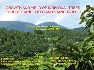 GROWTH AND YIELD OF INDIVIDUAL TREES
FOREST STAND ,YIELD AND STAND TABLE
SUBMITTED TO—
ASST. PROF.Mrs SARITA BODALKAR
DEPARTMENT OF FORESTRY,IGKV
SUBMITTED BY-
AMIT PRAKASH NAYAK
MSC (Forestry) 1st year.
Course title:- Forest Biometry
Course no:- FOR- 502
 