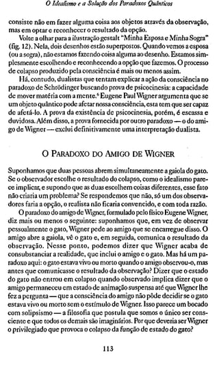 o Idealismo e a Solução dos Paradoxos Quânticos

consiste não em fazer alguma coisa aos objetos através da observação,
mas em optar e reconhecer o resultado da opção.
    Volte a olhar para a ilustração gestalt "Minha Esposa e Minha Sogra"
(fig. 12). Nela, dois desenhos estão superpostos. Quando vemos a esposa
(ou a sogra), não estamos fazendo coisa alguma ao desenho. Estamos sim-
plesmente escolhendo e reconhecendo a opção que fazemos. O processo
de colapso produzido pela consciência é mais ou menos assim.
     Há, contudo, dualistas que tentam explicar a ação da consciência no
paradoxo de Schrödinger buscando prova de psicocinesia: a capacidade
de mover matéria com a mente.*" Eugene Paul Wigner argumenta que se
um objeto quântico pode afetar nossa consciência, esta tem que ser capaz
de afetá-lo. A prova da existência de psicocinesia, porém, é escassa e
duvidosa. Além disso, a prova fornecida por outro paradoxo—o do ami-
go de Wigner—exclui definitivamente uma interpretação dualista.


            O PARADOXO DO AMIGO DE WIGNER

Suponhamos que duas pessoas abrem simultaneamente a gaiola do gato.
Se o observador escolhe o resultado do colapso, como o idealismo pare-
ce implicar, e supondo que as duas escolhem coisas diferentes, esse fato
não criaria um problema.'' Se respondemos que não, só um dos observa-
dores faria a opção, o realista nãoficariaconvencido, e com toda razão.
    O paradoxo do amigo de Wigner, formulado pelo físico Eugene Wigner,
diz mais ou menos o seguinte: suponhamos que, em vez de observar
pessoalmente o gato, Wigner pede ao amigo que se encarregue disso. O
amigo abre a gaiola, vê o gato e, em seguida, comunica o resultado da
observação. Nesse ponto, podemos dizer que Wigner acaba de
consubstanciar a realidade, que inclui o amigo e o gato. Mas há um pa-
radoxo aqui: o gato estava vivo ou morto quando o amigo observou-o, mas
antes que comunicasse o resultado da observação.'' Dizer que o estado
do gato não entrou em colapso quando observado implica dizer que o
amigo permaneceu em estado de animação suspensa até que Wigner lhe
fez a pergunta—que a consciência do amigo não pôde decidir se o gato
estava vivo ou morto sem o estímulo de Wigner. Isso parece um bocado
com solipsismo — afilosofiaque postula que somos o único ser cons-
ciente e que todos os demais são imaginários. Por que deveria ser Wigner
o privilegiado que provoca o colapso da função de estado do gato.?

                                 113
 