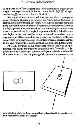 o UNIVERSO AUTOCONSCIENTE

ao brilhantefísicoTony Leggett, cujo trabalho inspirou a criação de um
dispositivo experimental brilhante, denominado SQUID (Super-
conducting Quantum Interference Device).'^
    Condutores comuns conduzem eletricidade, mas oferecem sempre al-
guma resistência à passagem da corrente, que resulta em perda de energia
elétrica, sob a forma de calor. Em contraste, os supercondutores permitem
que a correntefluasem resistência. Se passarmos uma corrente através de
um/oo/) supercondutor, a correntefluirápraticamente para sempre—até
mesmo sem uma fonte de energia. A supercondutividade é devida a uma
correlação especial entre os elétrons, que se estende por todo o corpo do
supercondutor. Há necessidade de energia para que os elétrons se libertem
desse estado correlacionado, e por isso o estado em causa está relativamen-
te imune ao movimento térmico aleatório presente no condutor comum.
    O SQUID é um tipo de supercondutor com dois orifícios que pra-
ticamente se tocam em um ponto denominado elo fraco (fíg. 25). Su-
ponhamos que criamos uma corrente noloop em volta de um dos orifí-
cios. A corrente cria um campo magnético, exatamente como faz um




FtffiraZS. Será a linha dofluxocompartilhada pelos dois orifícios, revelando a
interferência quântica no nível macro.'


                                     122
 