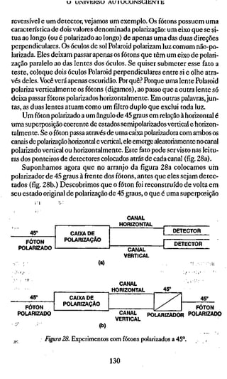 «J UINIVÜKÖL» AU 1UUUINSUIEIN i Ü


reversível e um detector, vejamos um exemplo. Os fótons possuem uma
característica de dois valores denominada polarização: um eixo que se si-
tua ao longo (ou é polarizado ao longo) de apenas uma das duas direções
perpendiculares. Os óculos de sol Polaroid polarizam luz comum não-po-
larizada. Eles deixam passar apenas os fótons que têm um eixo de polari-
zação paralelo ao das lentes dos óculos. Se quiser submeter esse fato a
teste, coloque dois óculos Polaroid perpendiculares entre si e olhe atra-
vés deles. Você verá apenas escuridão. Por quê.^ Porque uma lente Polaroid
polariza verticalmente os fótons (digamos), ao passo que a outra lente só
deixa passar fótons polarizados horizontalmente. Em outras palavras, jun-
tas, as duas lentes atuam como um filtro duplo que exclui toda luz.
     Um fóton polarizado a um ângulo de 45 graus em relação à horizontal é
uma superposição coerente de estados semipolarizados vertical e horizon-
talmente. Se o fóton passa através de uma caixa polarizadora com ambos os
canais de polarização horizontal e vertical, ele emerge aleatoriamente no canal
polarizado vertical ou horizontalmente. Este fato pode ser visto nas leitu-
ras dos ponteiros de detectores colocados atrás de cada canal (fíg. 28a).
    Suponhamos agora que no arranjo da figura 28a colocamos urn
polarizador de 45 graus à frente dos fótons, antes que eles sejam detec-
tados (fig. 28b.) Descobrimos que o fóton foi reconstruído de volta em
seu estado original de polarização de 45 graus, o que é uma superposição


                                          CANAL
                                        HORIZONTAL
       45°                                                        DETECTOR
                      CAIXA DE
    FÓTON           POLARIZAÇÃO
                                                                  DETECTOR
  POLARIZADO                                 r<AKIAI

                                            VERTICAL
                                (a)

                                        CANAL
                                      HORIZONTAL            45°
       45°           CAIXA DE                                                45°
                   POLARIZAÇÃO
    FÓTON                                                              FÓTON
  POLARIZADO                            CANAL          pQ LARIZADOI3 POLARIZA[
                                       VERTICAL
                                (b)

             FigiraZS. Experimentos com fótons polarizados a 45°.


                                      130
 