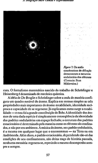 A iTiiegTu^uu entre i^ierwui e n^pii-uuunuuue




                                                 Fiffira 7. Os anéis
                                                 concêntricos de difração
                                                 demonstram a natureza
                                                 ondulatória dos elétrons
                                                 (Cortesia: Stan
                                                 Miklavzina.)

cura. O formalismo matemático nascido do trabalho de Schrödinger e
Heisenberg é denominado de mecânica quântica.
    A idéia de De Broglie e Schrödinger sobre a onda de matéria confi-
gura um quadro notável do átomo. Explica em termos simples as três
propriedades mais importantes do átomo: estabilidade, identidade recí-
proca e capacidade de se regenerar. Já explicamos como surge a estabi-
lidade •— e esta foi a grande contribuição de Bohr. A identidade dos áto-
mos de uma dada espécie é simplesmente conseqüência da identidade
dos padrões ondulatórios em espaço fechado; a estrutura dos padrões
estacionários é determinada pela maneira como os elétrons são confina-
dos, e não por seu ambiente. A música do átomo, seu padrão ondulatório,
é a mesma em qualquer lugar que o encontremos — na Terra ou em
Andromeda. Além disso, o padrão estacionário, dependendo tão-só das
condições de seu confínamento, não deixa traço de história passada,
nenhuma memória: regenera-se, repetindo o mesmo desempenho sem-
pre e sempre.

                                   57
 