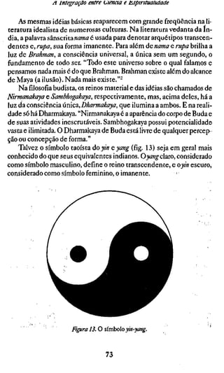 A integração entre utënaa e iLsptrttualtaade

    As mesmas idéias básicas reaparecem com grande freqüência na li-
teratura idealista de numerosas culturas. Na literatura vedanta da ín-
dia, a palavra sânscrita«í2w<2 é usada para denotar arquétipos transcen-
dentes e, rupa, sua forma imanente. Para além ácnama e rupa brilha a
luz de Brahman, a consciência universal, a única sem um segundo, o
fundamento de todo ser. "Todo este universo sobre o qual falamos e
pensamos nada mais é do que Brahman. Brahman existe além do alcance
de Maya (a ilusão). Nada mais existe."^
    Nafilosofiabudista, os reinos material e das idéias são chamados de
Nirmanakaya e Sambhogakaya, respectivamente, mas, acima deles, há a
luz da consciência única,Dharmakaya, que ilumina a ambos. E na reali-
dade só há Dharmakaya. "Nirmanakaya é a aparência do corpo de Buda e
de suas atividades inescrutáveis. Sambhogakaya possui potencialidade
vasta e ilimitada. O Dharmakaya de Buda está livre de qualquer percep
ção ou concepção de forma."
    Talvez o símbolo taoísta àoyineyang (fíg. 13) seja em geral mais
conhecido do que seus equivalentes indianos. Oyangclaro, considerado
como símbolo masculino, define o reino transcendente, e oyin escuro,
considerado como símbolo feminino, o imanente.




                     Figurais, O símboloyin-yang.


                                 73
 