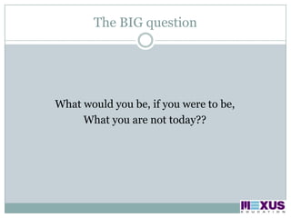 The BIG questionWhat would you be, if you were to be,What you are not today??
