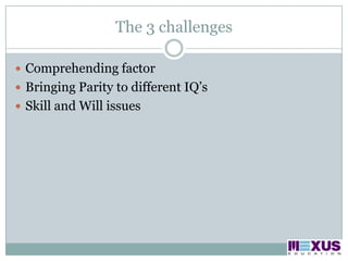 The 3 challengesComprehending factorBringing Parity to different IQ’sSkill and Will issues
