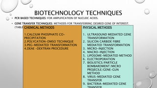 BIOTECHNOLOGY TECHNIQUES
• PCR BASED TECHNIQUES: FOR AMPLIFICATION OF NUCLEIC ACIDS.
• GENE TRANSFER TECHNIQUES: METHODS FOR TRANSFERRING DESIRED GENE OF INTEREST.
(TABLE.1)
CHEMICAL METHODS
1.CALCIUM PHOSPHATE CO-
PRECIPITATION
2.POLYCATION-DMSO TECHNIQUE
3.PEG-MEDIATED TRANSFORMATION
4.DEAE –DEXTRAN PROCEDURE
PHYSICAL METHODS
1. ULTRASOUND MEDIATED GENE
TRANSFORMATION
2. SILICON CARBIDE FIBRE
MEDIATED TRANSFORMATION
3. MICRO-INJECTION
4. MACRO-INJECTION
5. LIPOSOME-MEDIATED METHOD
6. ELECTROPORATION
7. BIOLISTICS/PARTICLE
BOMBARDMENT/MICRO
PROJECILE/GENE-GUN
METHOD
8. VIRUS-MEDIATED GENE
TRANSFER
9. BACTERIA-MEDIATED GENE
 