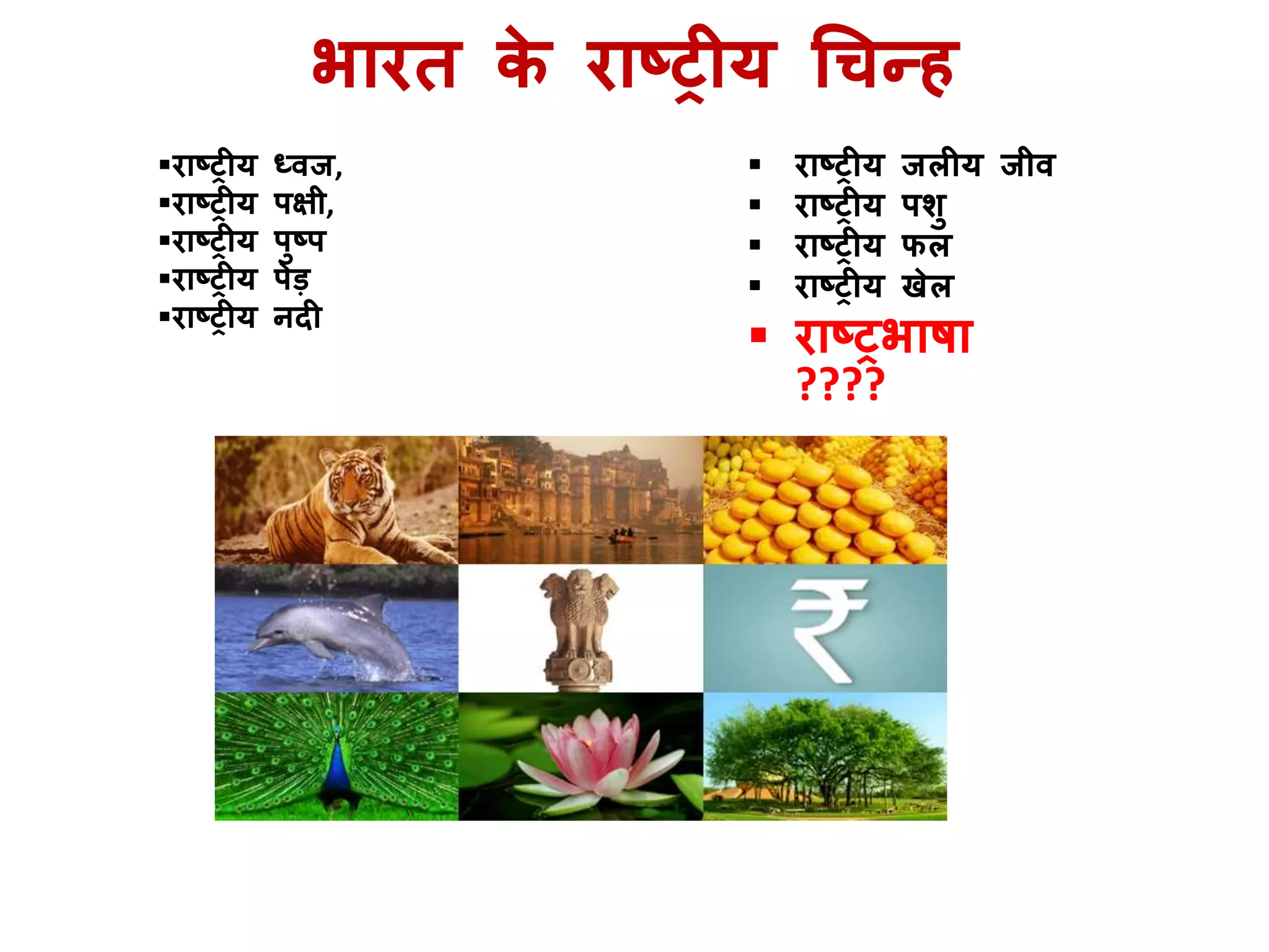 भारत के राष्ट्रीर् धचन्ह
 राष्ट्रीर् जलीर् जीव
 राष्ट्रीर् पशु
 राष्ट्रीर् फल
 राष्ट्रीर् खेल
 राष्ट्रभाषा
????
राष्ट्रीर् ध्वज,
राष्ट्रीर् पक्षी,
राष्ट्रीर् पुष्ट्प
राष्ट्रीर् पेड़
राष्ट्रीर् नदी
 