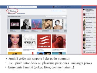 • Amitié créée par rapport à des goûts commun
• Lieu privé entre deux ou plusieurs personnes : messages privés
• Entretenir l’amitié (pokes, likes, commentaires…)
 