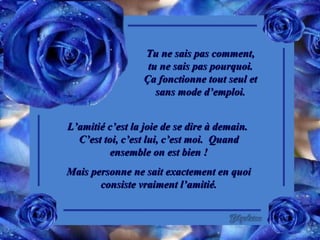 Tu ne sais pas comment, tu ne sais pas pourquoi. Ça fonctionne tout seul et sans mode d’emploi. L’amitié c’est la joie de se dire à demain.  C’est toi, c’est lui, c’est moi.  Quand ensemble on est bien ! Mais personne ne sait exactement en quoi consiste vraiment l’amitié. 