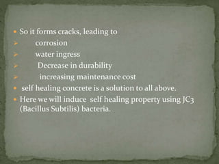  So it forms cracks, leading to
 corrosion
 water ingress
 Decrease in durability
 increasing maintenance cost
 self healing concrete is a solution to all above.
 Here we will induce self healing property using JC3
(Bacillus Subtilis) bacteria.
 