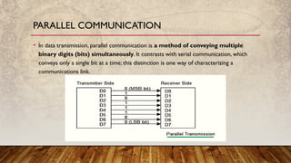 • In data transmission, parallel communication is a method of conveying multiple
binary digits (bits) simultaneously. It contrasts with serial communication, which
conveys only a single bit at a time; this distinction is one way of characterizing a
communications link.
PARALLEL COMMUNICATION
 