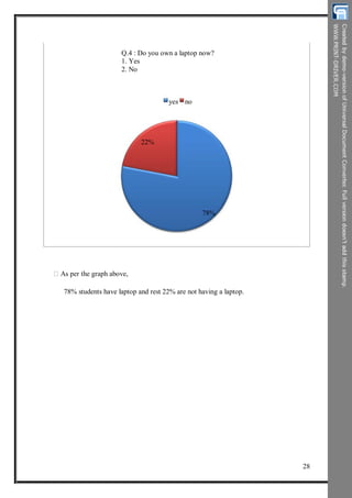 Q.4 : Do you own a laptop now?
1. Yes
2. No
yes no
22%
78%
As per the graph above,
78% students have laptop and rest 22% are not having a laptop.
28
 