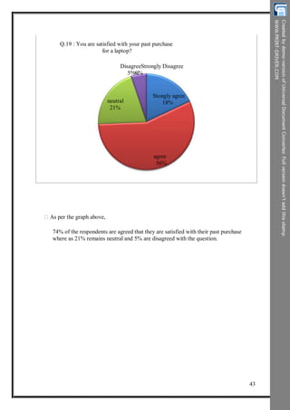 Q.19 : You are satisfied with your past purchase
for a laptop?
DisagreeStrongly Disagree
5%0%
neutral
21%
Stongly agree
18%
agree
56%
As per the graph above,
74% of the respondents are agreed that they are satisfied with their past purchase
where as 21% remains neutral and 5% are disagreed with the question.
43
 