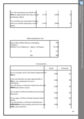 You will recommend your friends with
yourfavourite laptop brand when they consider
purchasing a laptop.
You would buy the same brand of laptop
when you consider purchasing a second
laptop.
3.4103 .82864 78
3.7179 .83584 78
KMO and Bartlett's Test
Kaiser-Meyer-Olkin Measure of Sampling
Adequacy.
Bartlett's Test of Sphericity Approx. Chi-Square
df
Sig.
.698
451.028
136
.000
Communalities
Initial Extraction
Do you recognize most of the famous laptop brand in
themarket.
In the case that there are many laptop brands in
themarket, you would prefer the one is
well-known.
You will choose a well-known brand when the other
brandsoffer similar feature or price.
Do you agree well-known brands present advance
ininnovation.
Do you agree well-known brands represent better
quality.
You will purchase a well-known brand because
well-knownbrands represent better quality and service even you
needto pay a price premium.
1.000 .623
1.000 .700
1.000 .701
1.000 .676
1.000 .555
1.000 .589
48
 