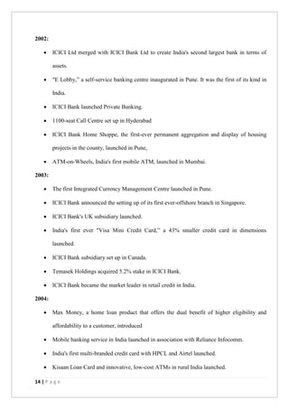 14 | P a g e
2002:
 ICICI Ltd merged with ICICI Bank Ltd to create India's second largest bank in terms of
assets.
 "E Lobby,” a self-service banking centre inaugurated in Pune. It was the first of its kind in
India.
 ICICI Bank launched Private Banking.
 1100-seat Call Centre set up in Hyderabad
 ICICI Bank Home Shoppe, the first-ever permanent aggregation and display of housing
projects in the county, launched in Pune,
 ATM-on-Wheels, India's first mobile ATM, launched in Mumbai.
2003:
 The first Integrated Currency Management Centre launched in Pune.
 ICICI Bank announced the setting up of its first ever-offshore branch in Singapore.
 ICICI Bank's UK subsidiary launched.
 India's first ever "Visa Mini Credit Card,” a 43% smaller credit card in dimensions
launched.
 ICICI Bank subsidiary set up in Canada.
 Temasek Holdings acquired 5.2% stake in ICICI Bank.
 ICICI Bank became the market leader in retail credit in India.
2004:
 Max Money, a home loan product that offers the dual benefit of higher eligibility and
affordability to a customer, introduced
 Mobile banking service in India launched in association with Reliance Infocomm.
 India's first multi-branded credit card with HPCL and Airtel launched.
 Kisaan Loan Card and innovative, low-cost ATMs in rural India launched.
 
