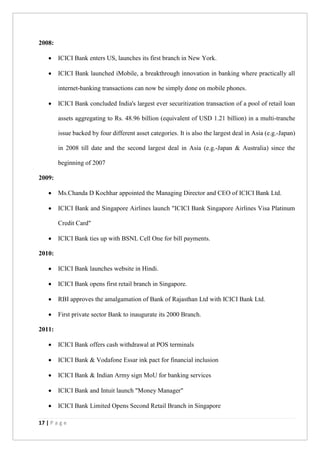 17 | P a g e
2008:
 ICICI Bank enters US, launches its first branch in New York.
 ICICI Bank launched iMobile, a breakthrough innovation in banking where practically all
internet-banking transactions can now be simply done on mobile phones.
 ICICI Bank concluded India's largest ever securitization transaction of a pool of retail loan
assets aggregating to Rs. 48.96 billion (equivalent of USD 1.21 billion) in a multi-tranche
issue backed by four different asset categories. It is also the largest deal in Asia (e.g.-Japan)
in 2008 till date and the second largest deal in Asia (e.g.-Japan & Australia) since the
beginning of 2007
2009:
 Ms.Chanda D Kochhar appointed the Managing Director and CEO of ICICI Bank Ltd.
 ICICI Bank and Singapore Airlines launch "ICICI Bank Singapore Airlines Visa Platinum
Credit Card"
 ICICI Bank ties up with BSNL Cell One for bill payments.
2010:
 ICICI Bank launches website in Hindi.
 ICICI Bank opens first retail branch in Singapore.
 RBI approves the amalgamation of Bank of Rajasthan Ltd with ICICI Bank Ltd.
 First private sector Bank to inaugurate its 2000 Branch.
2011:
 ICICI Bank offers cash withdrawal at POS terminals
 ICICI Bank & Vodafone Essar ink pact for financial inclusion
 ICICI Bank & Indian Army sign MoU for banking services
 ICICI Bank and Intuit launch "Money Manager"
 ICICI Bank Limited Opens Second Retail Branch in Singapore
 