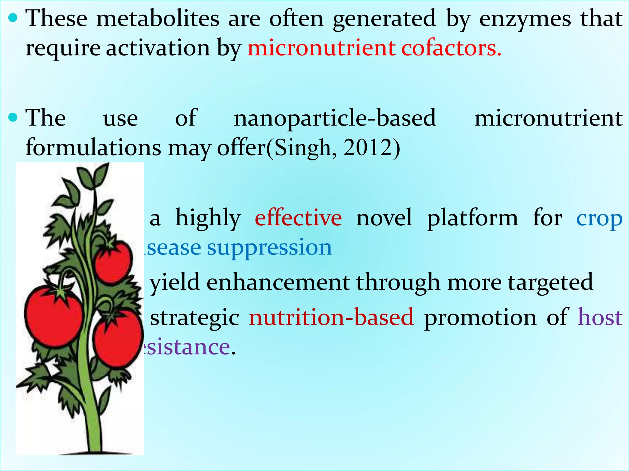  These metabolites are often generated by enzymes that
require activation by micronutrient cofactors.
 The use of nanoparticle-based micronutrient
formulations may offer(Singh, 2012)
a highly effective novel platform for crop
disease suppression
yield enhancement through more targeted
strategic nutrition-based promotion of host
resistance.
 