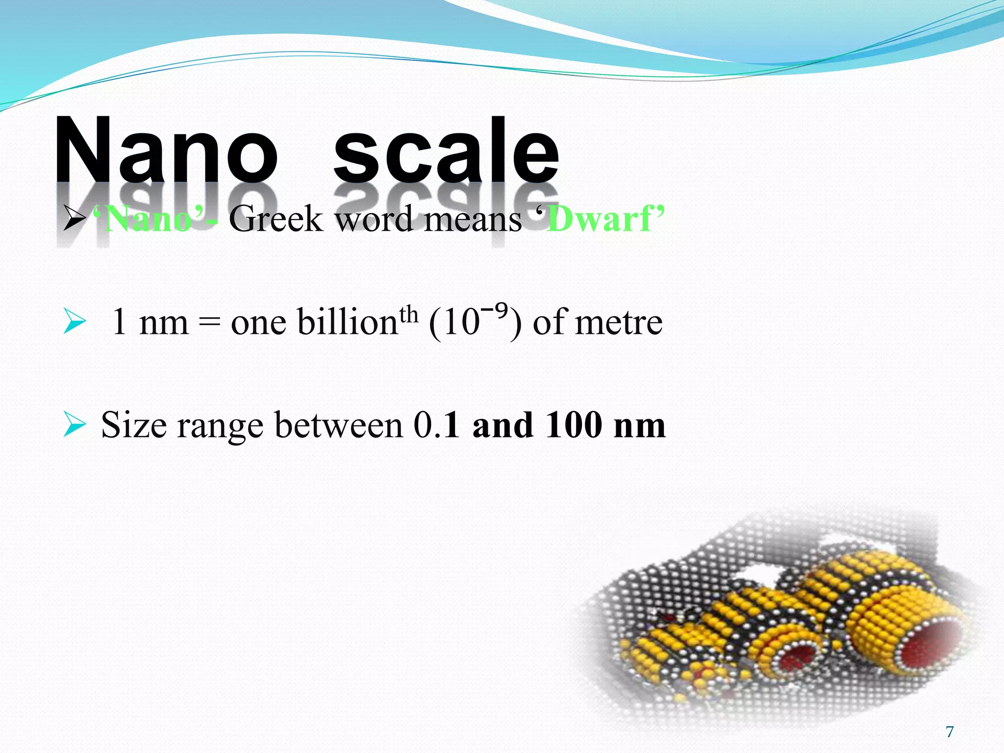 ‘Nano’- Greek word means ‘Dwarf’
 1 nm = one billionth (10ˉ⁹) of metre
 Size range between 0.1 and 100 nm
7
 