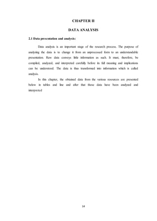 CHAPTER II 
DATA ANALYSIS 
14 
2.1 Data presentation and analysis: 
Data analysis is an important stage of the research process. The purpose of 
analyzing the data is to change it from an unprocessed form to an understandable 
presentation. Raw data conveys little information as such. It must, therefore, be 
compiled, analyzed, and interpreted carefully before its full meaning and implications 
can be understood. The data is thus transformed into information which is called 
analysis. 
In this chapter, the obtained data from the various resources are presented 
below in tables and line and after that those data have been analyzed and 
interpreted 
 