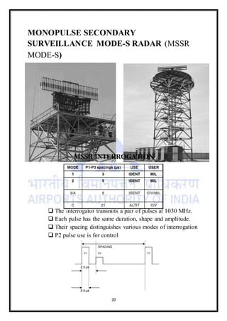 20
MONOPULSE SECONDARY
SURVEILLANCE MODE-S RADAR (MSSR
MODE-S)
MSSR INTERROGATION
 The interrogator transmits a pair of pulses at 1030 MHz.
 Each pulse has the same duration, shape and amplitude.
 Their spacing distinguishes various modes of interrogation
 P2 pulse use is for control
 