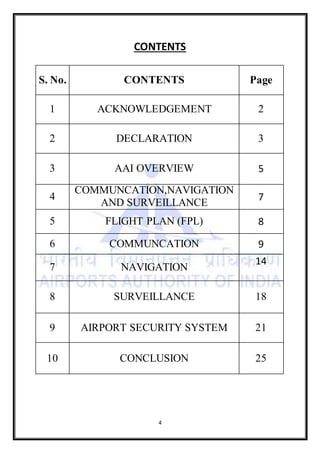 4
CONTENTS
S. No. CONTENTS Page
1 ACKNOWLEDGEMENT 2
2 DECLARATION 3
3 AAI OVERVIEW 5
4
COMMUNCATION,NAVIGATION
AND SURVEILLANCE
7
5 FLIGHT PLAN (FPL) 8
6 COMMUNCATION 9
7 NAVIGATION
14
8 SURVEILLANCE 18
9 AIRPORT SECURITY SYSTEM 21
10 CONCLUSION 25
 