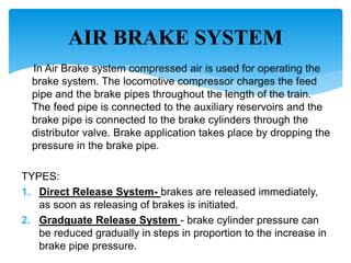 In Air Brake system compressed air is used for operating the
brake system. The locomotive compressor charges the feed
pipe and the brake pipes throughout the length of the train.
The feed pipe is connected to the auxiliary reservoirs and the
brake pipe is connected to the brake cylinders through the
distributor valve. Brake application takes place by dropping the
pressure in the brake pipe.
TYPES:
1. Direct Release System- brakes are released immediately,
as soon as releasing of brakes is initiated.
2. Gradguate Release System - brake cylinder pressure can
be reduced gradually in steps in proportion to the increase in
brake pipe pressure.
AIR BRAKE SYSTEM
 