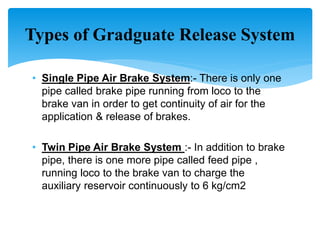 • Single Pipe Air Brake System:- There is only one
pipe called brake pipe running from loco to the
brake van in order to get continuity of air for the
application & release of brakes.
• Twin Pipe Air Brake System :- In addition to brake
pipe, there is one more pipe called feed pipe ,
running loco to the brake van to charge the
auxiliary reservoir continuously to 6 kg/cm2
Types of Gradguate Release System
 