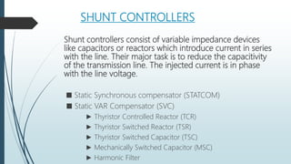SHUNT CONTROLLERS
Shunt controllers consist of variable impedance devices
like capacitors or reactors which introduce current in series
with the line. Their major task is to reduce the capacitivity
of the transmission line. The injected current is in phase
with the line voltage.
■ Static Synchronous compensator (STATCOM)
■ Static VAR Compensator (SVC)
► Thyristor Controlled Reactor (TCR)
► Thyristor Switched Reactor (TSR)
► Thyristor Switched Capacitor (TSC)
► Mechanically Switched Capacitor (MSC)
► Harmonic Filter
 