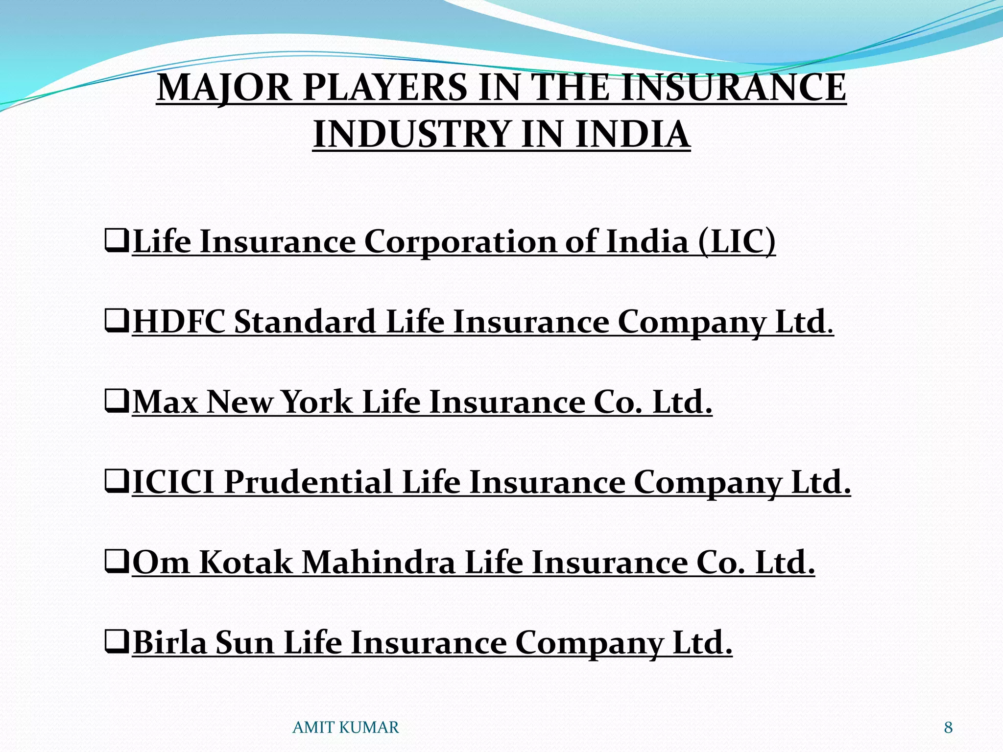 MAJOR PLAYERS IN THE INSURANCE
         INDUSTRY IN INDIA

Life Insurance Corporation of India (LIC)

HDFC Standard Life Insurance Company Ltd.

Max New York Life Insurance Co. Ltd.

ICICI Prudential Life Insurance Company Ltd.

Om Kotak Mahindra Life Insurance Co. Ltd.

Birla Sun Life Insurance Company Ltd.

           AMIT KUMAR                           8
 