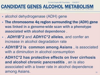 CANDIDATE GENES ALCOHOL METABOLISM
 alcohol dehydrogenase (ADH) gene
 The chromosome 4q region surrounding the (ADH) gene
was linked in a genome-wide scan with a phenotype
associated with alcohol dependence .
 . ADH1B*2 and ADH1C*2 alleles, and confer an
increase in alcohol degradation rate
 ADH1B*2 is common among Asians , is associated
with a diminution in alcohol consumption
• ADH1C*2 has protective effects on liver cirrhosis
and alcohol chronic pancreatitis , an is also
associated with a lower rate in alcohol dependence
among Asians.
1/24/2017Dr Amit Gupta MD Psychiatry
19
 