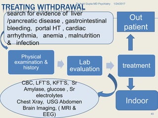 TREATING WITHDRAWAL
Physical
examination &
history
Lab
evaluation
treatment
1/24/2017Dr Amit Gupta MD Psychiatry
40
CBC, LFT’S, KFT’S, Sr
Amylase, glucose , Sr
electrolytes
Chest Xray, USG Abdomen
Brain Imaging, ( MRI &
EEG)
Out
patient
Indoor
search for evidence of liver
/pancreatic disease , gastrointestinal
bleeding, portal HT , cardiac
arrhythmia, anemia , malnutrition
& infection
 