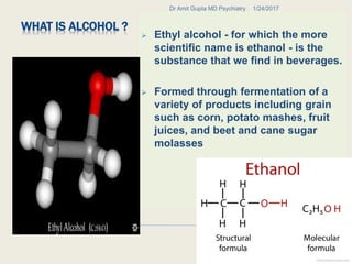 WHAT IS ALCOHOL ?
 Ethyl alcohol - for which the more
scientific name is ethanol - is the
substance that we find in beverages.
 Formed through fermentation of a
variety of products including grain
such as corn, potato mashes, fruit
juices, and beet and cane sugar
molasses
1/24/2017Dr Amit Gupta MD Psychiatry
5
 
