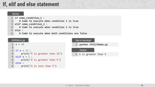  Unit 01 – Overview of Python 41
X is greater than 5
1
Output
If, elif and else statement
if some_condition_1 :
# Code to execute when condition 1 is true
elif some_condition_2 :
# Code to execute when condition 2 is true
else :
# Code to execute when both conditions are false
1
2
3
4
5
6
Syntax
x = 10
if x > 12 :
print("X is greater than 12")
elif x > 5 :
print("X is greater than 5")
else :
print("X is less than 5")
1
2
3
4
5
6
7
8
ifelifdemo.py
python ifelifdemo.py
1
Run in terminal
 