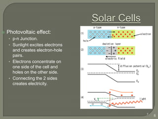    Photovoltaic effect:
    • p-n Junction.
    • Sunlight excites electrons
      and creates electron-hole
      pairs.
    • Electrons concentrate on
      one side of the cell and
      holes on the other side.
    • Connecting the 2 sides
      creates electricity.




                                   8
                                       8
 