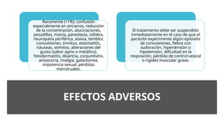 EFECTOS ADVERSOS
Raramente (<1%): confusión
especialmente en ancianos, reducción
de la concentración, alucinaciones,
pesadillas, manía, parestesia, cefalea,
neuropatía periférica, ataxia, temblor,
convulsiones, tinnitus, estomatitis,
náuseas, vómitos, alteraciones del
gusto (sabor agrio o metálico),
fotodermatitis, disartria, conjuntivitis,
anisocoria, mialgia, galactorrea,
impotencia sexual, pérdidas
menstruales.
El tratamiento debe ser suspendido
inmediatamente en el caso de que el
paciente experimente algún episodio
de convulsiones, fiebre con
sudoración, hipertensión o
hipotensión, dificultad en la
respiración, pérdida de control vesical
o rigidez muscular grave.
 
